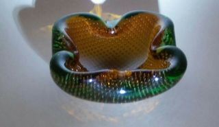 Murano Glass Bullicante Bowl/ash Tray In Gold/ Amber And Green Small Bubbles