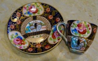 Staffordshire English Cabinet Cobalt Hand Painted Roses Demitasse Cup And Saucer