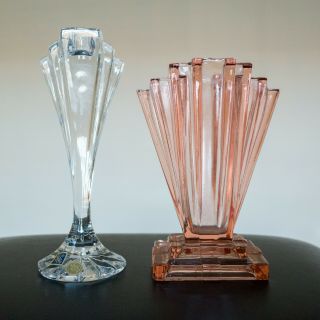 Art Deco Vintage Pink Bagley Grantham Glass Vase,  Bohemian Crystal Candlestick