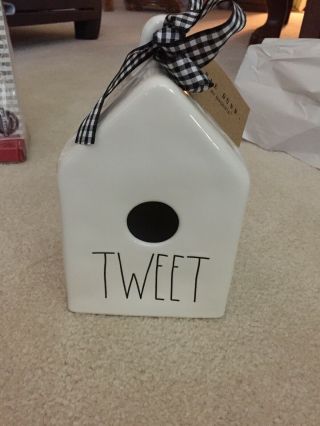 With Tag Rae Dunn Ll “tweet” Birdhouse Black & White Ribbon With Dimples