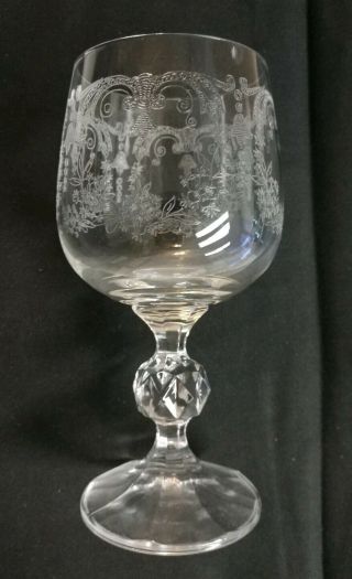 Vintage Set Of 6 Etched Stemmed Crystal Clear 8 Oz Wine Glasses Floral Design Bo