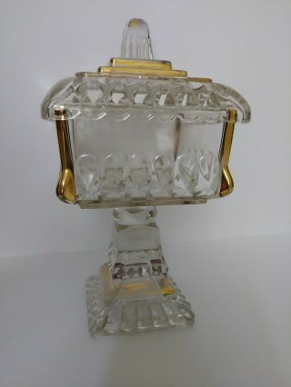 Vintage Jeanette Clear Glass Square Pedestal Candy Dish Gold Trim Lid Ribbed