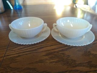 2 Cream Soup Bowls Handle W/ Plate Saucers,  Macbeth Evans Petalware Cremax Glass