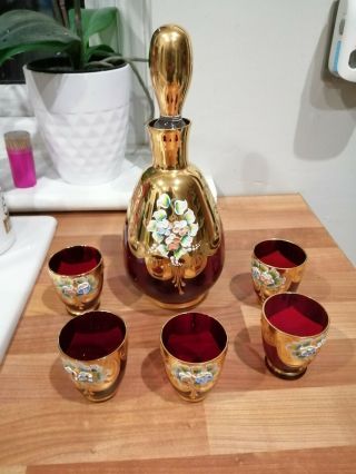 Vintage Murano Glass Decanter And 5 Glasses Ruby Red And Gold