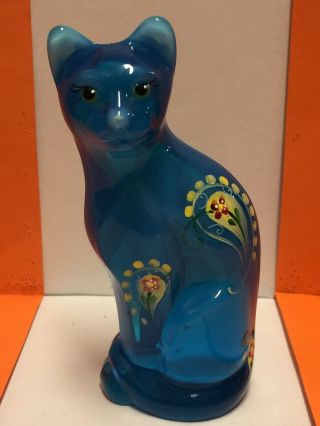Vtg.  Mid.  1960s.  Fenton Hand Painted Signed Stylized Blue Cat.  Exc.