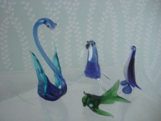4 X Vintage Murano Glass Figures - Penguin,  Seal,  Swan,  Fish Uk Postage