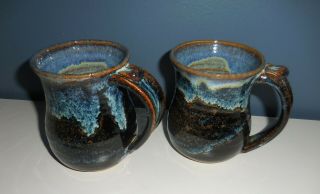 2 Studio Art Pottery Coffee Mugs Cup Blue Brown 14 Oz Drip Glaze