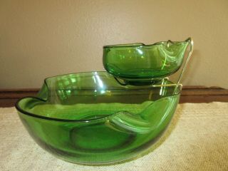 Anchor Hocking Retro Green Glass 3 Pc Chip And Dip Bowl Set Pinched