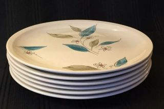 Paden City Pottery,  6 Dinner Plates,  9 1/4 In,  Blue,  Pink,  Gray - Green,  Leaves