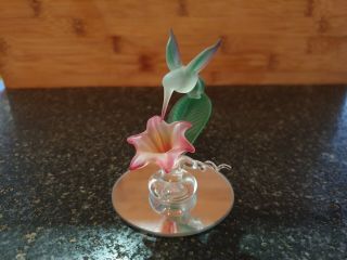 Hand Sculpted Glass Kingfisher Perched On The Edge Of A Flower