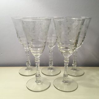 Set Of 5 Vintage Rock Sharpe Etch 3005 - 8 Crystal Water Goblet Wine Glass Libbey
