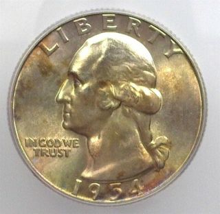 1954 - S Washington Silver 25 Cents Icg Ms67,  Lists For $825 Iridescent
