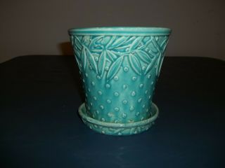 Vintage Mccoy Mid - Century Modern Green Pottery Attached Saucer Planter 5 3/4 " Ta