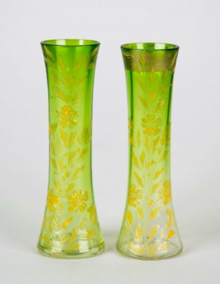 Vintage Bohemian Green To Clear Optic Glass Hand Painted Bud Vases Set Of 2