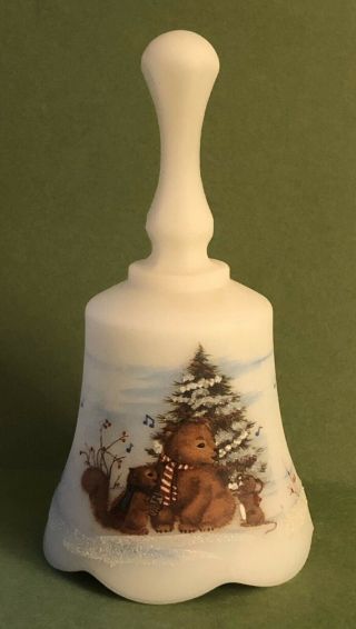 Fenton Glass Hand Painted White Satin Musical Christmas Bell Signed A.  Farley