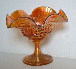 Imperial Carnival Glass Compote Bowl Ruffled Amber / Marigold Grape Pattern