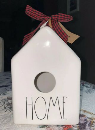 Rae Dunn Home Square Ceramic Birdhouse With Plaid Christmas Bow & Gift Tag