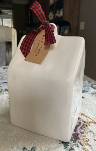 Rae Dunn HOME Square Ceramic Birdhouse With Plaid Christmas Bow & Gift Tag 3