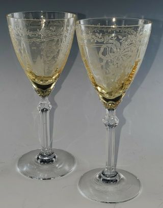 2 Fostoria June Topaz And Crystal Claret Wine Goblets 6 " 1929 - 1936 Exquisite