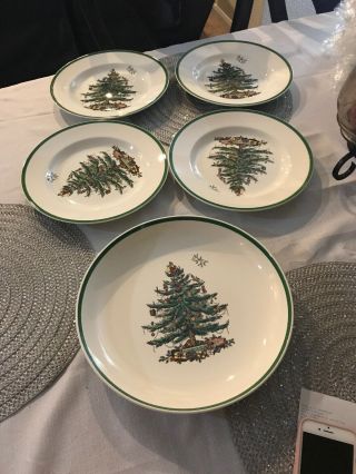 Set Of (4) Spode Christmas Tree Dinner Plates (england) And Pie Plate