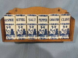 Vintage Blue Willow Spice Set 6 Spice Containers W/ Wooden Shelf