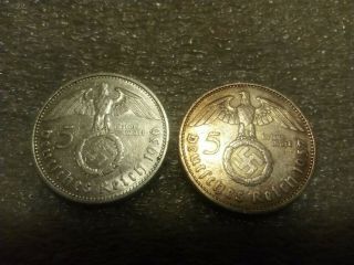 Two German Nazi Era Coins,  1936 & 1937 5 Reichs Mark,  Paul Von Hindenburg