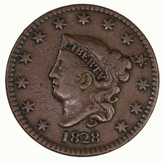 Raw 1828 Coronet Head 1c N - 2 Us Copper Large Cent Coin