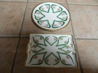 Antique Limoges France Hp Porcelain Art Deco Daffodils Tray & Plate,  Signed