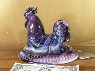 Imperial Rooster Hen On Nest Purple Slag Glass Marked Cock Egg Vintage Top Only