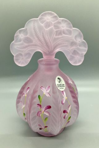 Fenton Hand Painted Pink Satin Glass Perfume Bottle Signed Lynn Fenton & Artist