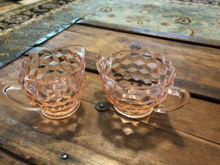 Pink Depression Glass Sugar Bowl And Creamer Set,  Cube Pattern
