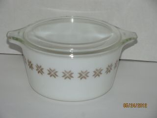 VINTAGE PYREX TOWN&COUNTRY 1 QT CASSEROLE&LID WHITE& BROWN STARS A, 2