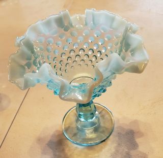 Fenton Blue Opalescent Hobnail Footed Candy Dish - Crimped