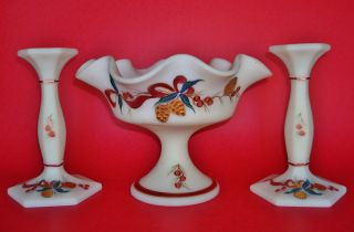 Fenton Hand - Painted Signed White Satin Christmas Candle Holders & Compote