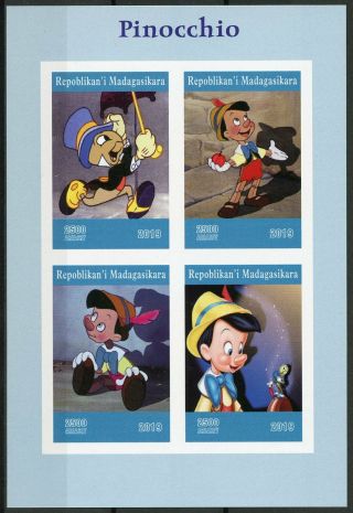 Madagascar 2019 Mnh Pinocchio Jiminy Cricket 4v Impf M/s Disney Cartoons Stamps