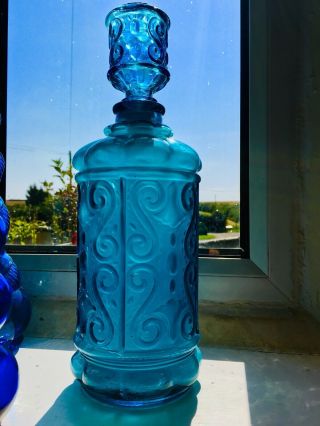 Vintage Retro Blue Empoli Glass Decanter Genie Bottle Italy 1960s Mcm
