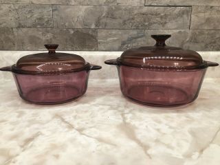 2 Vintage Cranberry Purple Glass Pyrex Corning Bowls With Lids