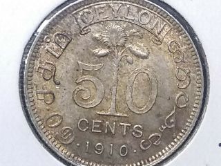 1910 Ceylon 50 Cents Km 99 Silver Coin