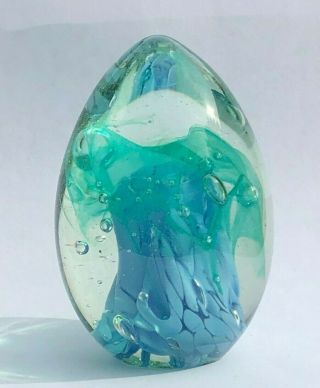 Msh Ash Aqua Blue Paperweight Signed Vines 1990 Egg Shaped Art Glass Mt Helen