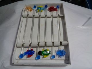 Set Of 6 Drink Stirs With Glass Fish Design In Multi Bright Colors