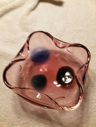 Vintage Murano Glass Pinch Bowl Ashtray Mid Century Dots Hand Blown Pink