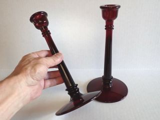 Elegant Ruby Red Glass Candlesticks Classic Silhouete Perfect Holiday Pairing