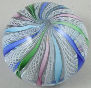 Murano Italian Latticino Ribbon Art Glass Paperweight - Pink Blue Green Multi