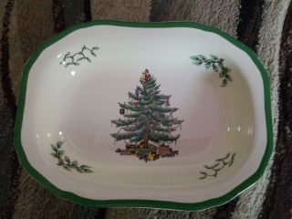 Spode Christmas Tree England Rectangular Vegetable Serving Dish Bowl Green Trim