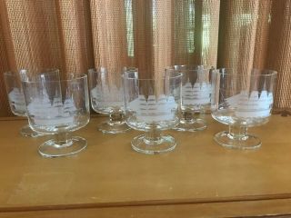 Vintage Toscany Crystal 6 Footed Whiskey Glasses & Decanter Etched Clipper Ship