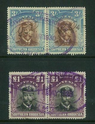 Southern Rhodesia - 1924 3/ - & £1 Kgv Admiral Revenue Pairs (me564)