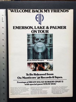 Emerson Lake & Palmer 1973 11x14” Concert Tour Date Schedule Promo Ad