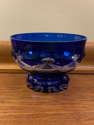 Bohemian Glass / Crystal Cobalt Blue Cut To Clear Footed Compote Serving Bowl 8”
