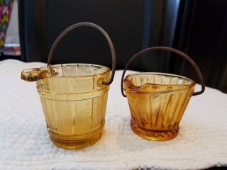 2 Vintage Miniature Yellow Amber Glasses Bucket Pail