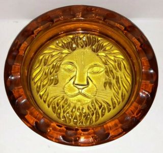 Vintage Viking Art Glass Lion Ashtray 7245 Brown Amber Topaz Vanity Trinket Dish
